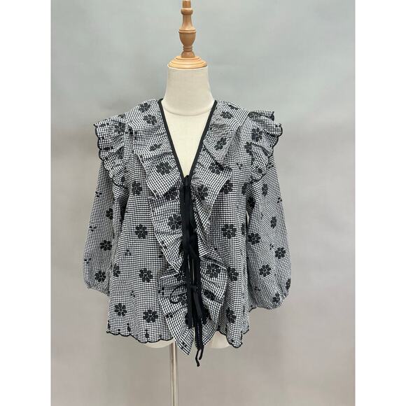 Entro gingham black & white embroidered tie front  top size small 3/4 sleeve - Picture 1 of 16